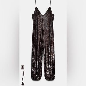 Zara Glittering Black Sequin Jumpsuit Sz M burgundy